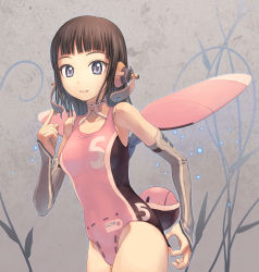 Rule 34 | 1girl, bad id, bad pixiv id, bare shoulders, brown hair, competition swimsuit, detached sleeves, headphones, long hair, one-piece swimsuit, original, pink one-piece swimsuit, purple eyes, smile, solo, swimsuit, tougetsu gou, wings