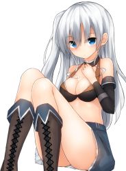 Rule 34 | 1girl, bare shoulders, blue eyes, boots, breasts, cleavage, collar, detached sleeves, hand on own chest, legs, looking at viewer, mizushina minato, original, silver hair, simple background, sitting, skirt, solo, white background