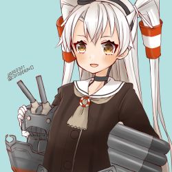 Rule 34 | 1girl, 1other, amatsukaze (kancolle), artist name, bad id, bad twitter id, blue background, brown dress, brown neckerchief, choker, cocoperino, commentary request, dated, dress, hair tubes, hat, kantai collection, lifebuoy, long hair, machinery, mini hat, neckerchief, one-hour drawing challenge, rensouhou-kun, sailor dress, short dress, silver hair, smokestack hair ornament, swim ring, torpedo launcher, two side up, upper body