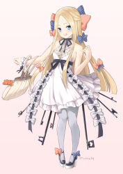 Rule 34 | 1girl, abigail williams (fate), bag charm, bare arms, bare shoulders, black footwear, blonde hair, blue bow, blue eyes, bow, brown background, charm (object), commentary request, dress, fate/grand order, fate (series), forehead, full body, grey pantyhose, hair bow, high heels, long hair, orange bow, pantyhose, parted bangs, platform footwear, polka dot, polka dot bow, shoes, simple background, sleeveless, sleeveless dress, solo, standing, strappy heels, stuffed animal, stuffed toy, teddy bear, tyone, very long hair, white bow, white dress, white pantyhose, wrist cuffs