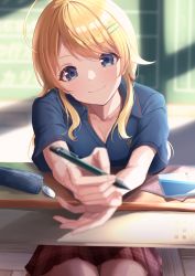 Rule 34 | 1girl, :3, absurdres, ahoge, blonde hair, blue eyes, blue shirt, blurry, blurry background, blush, book, breasts, chair, chalkboard, classroom, cleavage, closed mouth, collarbone, collared shirt, commentary request, depth of field, desk, eyelashes, hachimiya meguru, hair ornament, hairclip, highres, holding, holding pencil, idolmaster, idolmaster shiny colors, indoors, leaning forward, long hair, looking at viewer, marisasu (marisa0904), mechanical pencil, medium breasts, miniskirt, notebook, pencil, pencil case, plaid, plaid skirt, pleated skirt, polo shirt, red skirt, school desk, shadow, shirt, short sleeves, sidelocks, sitting, skirt, smile, solo, swept bangs, tareme