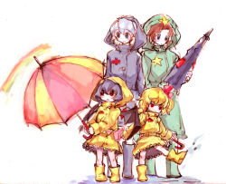 Rule 34 | 4girls, alternate costume, blonde hair, blue hair, boots, child, contemporary, female focus, flandre scarlet, hong meiling, izayoi sakuya, multiple girls, puddle, rainbow, raincoat, red hair, remilia scarlet, rubber boots, silver hair, sketch, splashing, star (symbol), tima, touhou, umbrella, wings