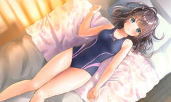 Rule 34 | 1girl, bed, blue eyes, breasts, brown hair, female focus, flower print, from above, indoors, looking at viewer, looking up, lying, medium breasts, on bed, one-piece swimsuit, open mouth, original, school swimsuit, solo, swimsuit, tachiinu, towel, wet