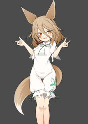 Rule 34 | 1girl, :d, animal ears, black background, brown hair, brown pupils, commentary request, double fox shadow puppet, feet out of frame, fox ears, fox girl, fox shadow puppet, fox tail, hair between eyes, hekkmushi, highres, jumpsuit, kudamaki tsukasa, looking at viewer, open mouth, short hair, simple background, smile, solo, tail, touhou, white jumpsuit