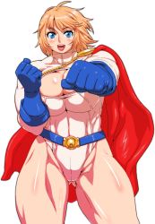 Rule 34 | 1girl, belt, blonde hair, blue eyes, bob cut, breasts, buckle, cameltoe, cape, cleavage, curvy, dc comics, gloves, kryptonian, large breasts, leotard, muscular, nezunezu, power girl, punching, red cape, shiny skin, short hair, solo, superman (series), thick thighs, thighs