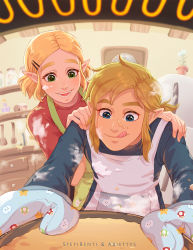 Rule 34 | 1boy, 1girl, alternate hairstyle, ariettys art, baking, blonde hair, blue eyes, blush, cooking, couple, earrings, food, food on face, green eyes, highres, jewelry, link, long hair, nintendo, open mouth, oven, oven mitts, pointy ears, powder, princess zelda, short hair, smile, the legend of zelda, the legend of zelda: breath of the wild, the legend of zelda: tears of the kingdom