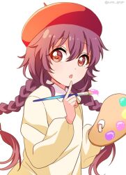 Rule 34 | 1girl, alternate costume, beret, braid, finger to mouth, hair between eyes, hat, holding, holding paintbrush, holding palette, long hair, long sleeves, looking at viewer, nnn yryr, open mouth, orange eyes, paintbrush, palette (object), purple hair, red hat, simple background, solo, sugiura ayano, sweater, twin braids, twitter username, upper body, white background, yuru yuri