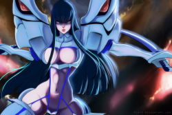 Rule 34 | 10s, 1girl, black hair, blue eyes, boots, breasts, cleavage, cleavage cutout, clothing cutout, eyebrows, fighting stance, highres, junketsu, katana, kill la kill, kiryuuin satsuki, large breasts, lips, long hair, navel, revealing clothes, reverse grip, rozothoth, scabbard, serious, sheath, solo, suspenders, sword, thick eyebrows, thick thighs, thigh boots, thighhighs, thighs, weapon