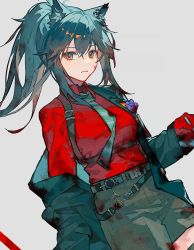 Rule 34 | 1girl, animal ears, arknights, belt, black coat, black hair, black shorts, blood, blood on clothes, blood on face, breasts, closed mouth, coat, collared shirt, cowboy shot, dutch angle, ear piercing, gloves, green necktie, grey background, holding, long hair, long sleeves, looking at viewer, medium breasts, necktie, official alternate costume, open clothes, open coat, piercing, ponytail, qiqu, red eyes, red gloves, red shirt, shirt, shorts, sidelocks, simple background, solo, texas (arknights), texas (willpower) (arknights), wolf ears