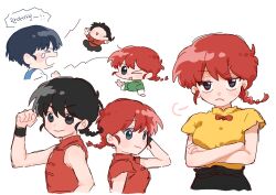 Rule 34 | black hair, blue eyes, blue hair, blush stickers, bow, breasts, closed eyes, highres, medium breasts, one eye closed, open mouth, ranma-chan, ranma 1/2, red bow, red hair, rmo3o, saotome ranma, school uniform, short hair, simple background, smile, tendou akane, variations, white background