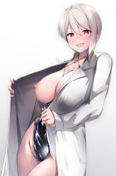 Rule 34 | bdsm, blush, bondage, bound, breasts, coat, commentary request, dermar, flashing, gradient background, grey hair, hair between eyes, highres, lab coat, large breasts, leotard, leotard under clothes, long hair, looking at viewer, nakiri alice, nipples, open clothes, open coat, open mouth, red eyes, shokugeki no souma, short hair, signature, simple background, smile, standing