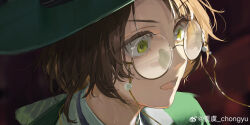 1girl :o absurdres blurry blurry_background brown_hair chongyu dark_background eyewear_strap glasses green_eyes green_hat green_jacket hat highres jacket kakania_(reverse:1999) looking_ahead portrait reverse:1999 round_eyewear semi-rimless_eyewear solo surprised under-rim_eyewear weibo_logo weibo_watermark