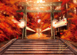 Rule 34 | 1boy, autumn, autumn leaves, blurry, depth of field, fox mask, fusui, japanese clothes, jinbei (clothes), lantern, leaf, male focus, mask, original, outstretched hand, paper lantern, reaching, reaching towards viewer, scenery, short hair, signature, solo, stairs, torii