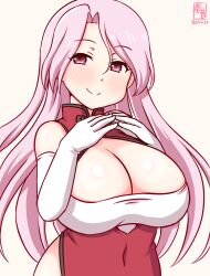 Rule 34 | 1girl, breasts, china dress, chinese clothes, cleavage, covered navel, dress, elbow gloves, gloves, kanon (kurogane knights), kantai collection, large breasts, long hair, luigi di savoia duca degli abruzzi (kancolle), one-hour drawing challenge, pink eyes, pink hair, red dress, simple background, smile, solo, steepled fingers, two-tone dress, white background, white gloves