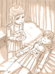 Rule 34 | 2girls, adapted uniform, bandages, bed, blood, bloody bandages, blunt bangs, candle, curtains, epaulettes, highres, holster, hospital bed, injury, kageng, lying, military, military uniform, multiple girls, on back, original, pleated skirt, skirt, soldier, uniform