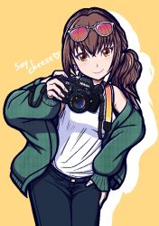 Rule 34 | 1girl, afterimage, bare shoulders, black pants, brown eyes, brown hair, camera, cardigan, earrings, english text, eyewear on head, green sweater, hand on own hip, heart, hio makoto, holding, holding camera, jewelry, looking at viewer, medium hair, mole, mole under eye, nikon (company), open cardigan, open clothes, original, pants, shirt, side ponytail, sleeveless, sleeveless shirt, smile, solo, sweater, white shirt