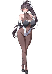 Rule 34 | 1girl, azur lane, bare shoulders, black hair, blush, bow, breasts, cleavage, cleavage cutout, clothing cutout, covered navel, full body, highres, large breasts, long hair, looking at viewer, muta poo, official alternate costume, pantyhose, ponytail, race queen, solo, takao (azur lane), takao (full throttle charmer) (azur lane), two-tone leotard, white bow