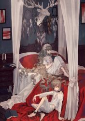 Rule 34 | 1boy, 1girl, androgynous, bakgae, bed sheet, bedroom, black collar, blonde hair, book, book stack, candle, candlestand, chain, collar, commentary request, cuffs, curly hair, doll, dream catcher, dress, highres, holding, holding book, indoors, long dress, long hair, long sleeves, nightgown, nightstand, on bed, open book, photo (object), pillow, reading, red eyes, shackles, short sleeves, sitting, trophy head, very long hair, white background, wooden floor