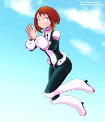 Rule 34 | 1girl, artist name, blue background, blue sky, blush, blush stickers, bob cut, bodysuit, boku no hero academia, boots, breasts, bright pupils, brown hair, closed mouth, cloud, constricted pupils, covered navel, day, embarrassed, english text, female focus, floating, full body, gradient background, green bodysuit, hands up, have to pee, knee boots, knees together feet apart, long sleeves, marchinbunny, medium breasts, nervous, outdoors, own hands together, patreon username, pixiv username, red eyes, short hair, sidelocks, simple background, sky, solo, steepled fingers, uraraka ochako, watermark, white footwear, white pupils
