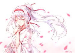 Rule 34 | 10s, 1girl, alternate hairstyle, blush, closed eyes, hairband, hand on own chest, hiten (hitenkei), japanese clothes, kantai collection, long hair, md5 mismatch, petals, ponytail, resized, shoukaku (kancolle), solo, twitter username, upper body