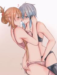 Rule 34 | 2girls, after kiss, asuna (sao), black bra, black legwear, black panties, blue eyes, blue hair, bra, breasts, breath, brown eyes, brown hair, cowboy shot, emphasis lines, eye contact, fingering, french kiss, half-closed eyes, hand on another&#039;s ass, hand on another&#039;s neck, heart, highres, kiss, long hair, looking at another, medium breasts, medium hair, multiple girls, panties, pink bra, pink legwear, pink panties, redqueen, saliva, saliva trail, sinon, small breasts, sword art online, thighhighs, underwear, yuri