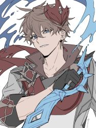 Rule 34 | 1boy, black gloves, blue eyes, brown hair, earrings, genshin impact, gloves, hair between eyes, highres, holding, holding weapon, jacket, jewelry, looking at viewer, male focus, mask, mask on head, musou (asatomjj), red mask, red scarf, scarf, simple background, single earring, solo, tartaglia (genshin impact), twitter username, upper body, water, weapon, white background