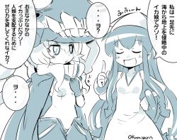 Rule 34 | 10s, 2girls, abyssal ship, bare shoulders, cape, crossover, dress, gloves, hand on own hip, hat, ikamusume, kantai collection, krono tokage, monochrome, multiple girls, open mouth, shinryaku! ikamusume, smile, teeth, translation request, wo-class aircraft carrier