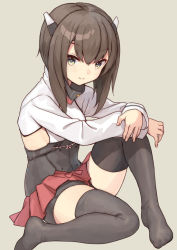 Rule 34 | 1girl, bike shorts, black thighhighs, brown background, brown eyes, brown hair, commentary request, commission, corset, hakama, hakama skirt, headband, headgear, japanese clothes, kantai collection, mitsuyo (mituyo324), pleated skirt, red skirt, shirt, shorts, shorts under skirt, simple background, sitting, skirt, solo, taihou (kancolle), thighhighs, white shirt