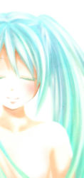 Rule 34 | 1girl, blush, closed eyes, green hair, hatsune miku, long hair, nora wanko, nude, simple background, smile, solo, twintails, vocaloid, white background