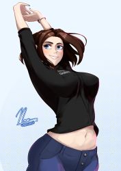Rule 34 | 1girl, abs, arms up, artist name, blue eyes, blush, breasts, brown hair, denim, jeans, looking to the side, mole, mole under eye, nail polish, navel, noxcuro, pants, samsung, samsung sam, shirt, short sleeves, signature, smile, solo, watch, wristwatch