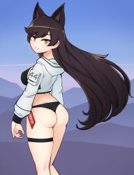 Rule 34 | 1girl, absurdres, animal ears, ass, atago (azur lane), azur lane, bikini, black bikini, black hair, breasts, brown eyes, butt crack, closed mouth, commission, d-floe, from behind, highres, large breasts, long hair, long sleeves, looking at viewer, shrug (clothing), smile, solo, swimsuit