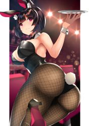 Rule 34 | 1girl, :3, absurdres, animal ears, armpits, ass, azur lane, bare shoulders, black hair, black leotard, blunt bangs, bow, bowtie, breasts, brown pantyhose, bunny day, cleavage, commentary request, detached collar, fake animal ears, fishnet pantyhose, fishnets, high heels, highleg, highleg leotard, highres, holding, holding tray, indoors, large breasts, leotard, looking at viewer, pantyhose, playboy bunny, purple eyes, rabbit ears, rabbit tail, short hair, smile, solo, strapless, strapless leotard, tail, tray, wrist cuffs, yamaha tsui, yamashiro (azur lane)