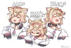 Rule 34 | &gt; &lt;, 1girl, animal ear fluff, animal ears, bandaid, bandaid hair ornament, black collar, black jacket, blonde hair, blush, closed eyes, collar, dog ears, dog girl, english text, fur-trimmed jacket, fur trim, hair ornament, headband, headphones, headphones around neck, highres, hololive, hololive english, jacket, mococo abyssgard, mococo abyssgard (1st costume), multicolored hair, open mouth, pink brooch, pink hair, pink headband, shirt, short hair, simple background, sneezing, sobbi11, solo, streaked hair, virtual youtuber, white shirt