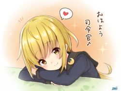 Rule 34 | 1girl, arm rest, black sailor collar, blonde hair, blush, crescent, head rest, heart, kantai collection, long hair, looking at viewer, low twintails, open mouth, sailor collar, satsuki (kancolle), satsuki kai ni (kancolle), school uniform, serafuku, signature, simple background, smile, solo, sou (soutennkouchi), spoken heart, translation request, twintails, upper body