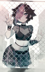 Rule 34 | 1girl, amora, artist name, black hair, chain-link fence, choker, earrings, fence, hair over one eye, highres, jewelry, looking at viewer, multicolored hair, navel, o-ring, o-ring choker, parororo, parted lips, pink hair, plaid, plaid skirt, short hair, skirt, solo, the crawling city, twitter username