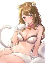 Rule 34 | 1girl, absurdres, animal ears, animal hands, b1ack illust, blush, bra, breasts, brown hair, cat ears, cat tail, cleavage, feet out of frame, gloves, highres, idolmaster, idolmaster million live!, large breasts, long hair, looking at viewer, miyao miya, navel, panties, paw gloves, smile, solo, tail, underwear, underwear only, very long hair, white bra, white panties