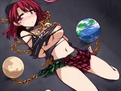 Rule 34 | 1girl, arms behind back, barefoot, black shirt, blush, breasts, chain, closed mouth, clothes writing, globe, hat, hecatia lapislazuli, hemogurobin a1c, looking at viewer, lying, multicolored clothes, multicolored skirt, navel, nipples, orb, pleated skirt, red eyes, red hair, shirt, short hair, skirt, solo, tears, torn clothes, touhou