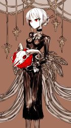 Rule 34 | 1girl, animal skull, bad id, bad twitter id, black choker, black gloves, bouquet, bow, bowtie, breasts, brown background, choker, closed mouth, dress, feet out of frame, flower, gloves, hair bun, hair ornament, hairpin, highres, limited palette, long dress, long sleeves, original, red eyes, red flower, red rose, red theme, rose, simple background, single hair bun, small breasts, solo, standing, tsu (lovesick1964), two (tsu (lovesick1964))