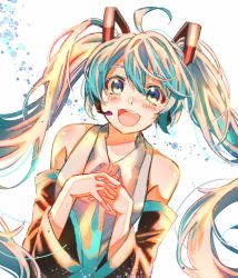 Rule 34 | 1girl, ahoge, blue eyes, blue hair, cowlick, detached sleeves, hair between eyes, hatsune miku, long hair, looking up, mio (matcha), necktie, open mouth, own hands together, smile, solo, twintails, upper body, vocaloid