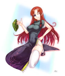 Rule 34 | 1girl, alternate costume, alternate eye color, beret, bow, braid, breasts, china dress, chinese clothes, dress, female focus, hair bow, hat, unworn hat, unworn headwear, highres, holding, holding clothes, holding hat, hong meiling, jin nai, kneeling, large breasts, legs, long hair, no panties, no pants, one eye closed, purple eyes, red hair, ringed eyes, shirt, side slit, skin tight, smile, solo, taut clothes, taut shirt, thighhighs, touhou, twin braids, very long hair, white thighhighs, wink