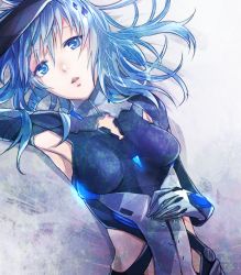 Rule 34 | 10s, 1girl, armpits, beatless, blue eyes, blue hair, bodysuit, breasts, floating hair, hair between eyes, leicia, long hair, looking at viewer, parted lips, small breasts, solo, upper body, yoma