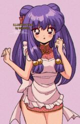 1990s_(style) 1girl apron artist_name blush bow chinese_clothes dress hair_bow long_hair looking_at_viewer microdress miss_minu parted_lips pink_background pink_bow pink_dress purple_hair ranma_1/2 retro_artstyle shampoo_(ranma_1/2) sidelocks simple_background white_apron