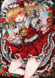 Rule 34 | 1girl, ascot, bat wings, blonde hair, crystal, flandre scarlet, food, fruit, hat, hat ribbon, highres, laevatein (touhou), mob cap, monji (monzi328), multicolored wings, one side up, open mouth, puffy short sleeves, puffy sleeves, red eyes, red skirt, red vest, ribbon, short sleeves, side ponytail, skirt, skirt set, strawberry, touhou, traditional media, vest, white hat, wings, yellow ascot