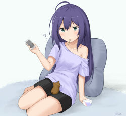 Rule 34 | 1girl, ?, animal, animal on lap, bare shoulders, basa rutan, black shorts, blush, breasts, cellphone, closed mouth, collarbone, green eyes, hair between eyes, holding, holding phone, ice cream spoon, idolmaster, idolmaster million live!, idolmaster million live! theater days, long hair, looking away, looking down, mochizuki anna, mouth hold, off shoulder, on lap, phone, pillow, purple hair, purple shirt, shirt, short shorts, short sleeves, shorts, small breasts, solo, spoon, utensil in mouth, very long hair