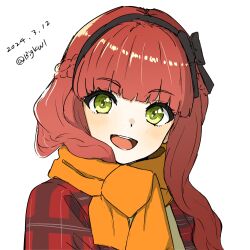 Rule 34 | 1girl, absurdres, bigkwl, black hairband, blunt bangs, braid, crown braid, dated, de ruyter (kancolle), green eyes, hairband, highres, kantai collection, long hair, official alternate costume, open mouth, orange scarf, plaid, plaid shirt, red hair, red shirt, round teeth, scarf, shirt, simple background, smile, solo, teeth, twitter username, upper body, upper teeth only, white background