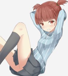 Rule 34 | 10s, 1girl, arms behind head, blue shirt, commentary, dress shirt, exercising, from side, girls und panzer, grey background, grey skirt, grey socks, grin, hair tie, keizoku school uniform, kneehighs, leaning back, legs, long sleeves, mikko (girls und panzer), miniskirt, pleated skirt, red eyes, red hair, school uniform, shirt, short hair, short twintails, shuuichi (gothics), simple background, sit-up, sitting, skirt, smile, socks, solo, striped clothes, striped shirt, twintails, vertical-striped clothes, vertical-striped shirt, white shirt