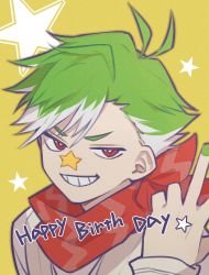 Rule 34 | 1boy, antenna hair, bad id, bad twitter id, beige jacket, character name, commentary request, daimonji ryugon, eyebrows hidden by hair, facial mark, green hair, green nails, grin, happy birthday, highres, jersey, logo, long sleeves, male focus, marotani, multicolored hair, nail polish, portrait, red eyes, red scarf, scarf, shirt, simple background, sleeveless, sleeveless jacket, smile, solo, star (symbol), two-tone hair, v, virtual youtuber, voms, white hair, white shirt, yellow background