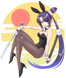 Rule 34 | 1girl, alternate costume, animal ears, bare shoulders, black hair, black leotard, blue eyes, bow, bowtie, breasts, commentary request, covered navel, detached collar, fake animal ears, fake tail, fate/grand order, fate (series), fishnet pantyhose, fishnets, full body, high heels, leotard, long hair, looking at viewer, medium breasts, nyantiu, pantyhose, parted bangs, playboy bunny, rabbit ears, rabbit tail, side ponytail, smile, solo, strapless, strapless leotard, tail, ushiwakamaru (fate), very long hair, wrist cuffs