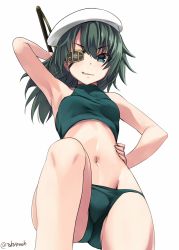 Rule 34 | 1girl, collarbone, eyepatch, feet out of frame, green eyes, green hair, groin, hair between eyes, hat, holding, holding weapon, kantai collection, kiso (kancolle), long hair, navel, sailor hat, simple background, smirk, solo, swimsuit, takase muh, twitter username, weapon, white background, white hat