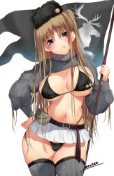 Rule 34 | 1girl, :q, aran legwear, aran sweater, belt, black bra, black hat, black panties, blonde hair, blue eyes, blush, bra, breasts, brown hair, buckle, cable knit, cleavage, commentary request, cowboy shot, cropped sweater, flag, fur hat, grey thighhighs, hand on own hip, hat, head tilt, highleg, highleg panties, holding, holding flag, large breasts, long hair, looking at viewer, mataro (matarou), microskirt, miniskirt, navel, one side up, original, panties, pleated skirt, siberia kankitaichou, signature, simple background, skindentation, skirt, skytube, smile, solo, star (symbol), stomach, sweater, thighhighs, tongue, tongue out, turtleneck, turtleneck sweater, underwear, ushanka, very long hair, white background, white skirt